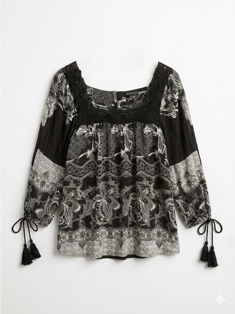 Joe‎ & Elle Boho Paisley Crochet Lace Trim Blouse with Tassel Sleeves - Small